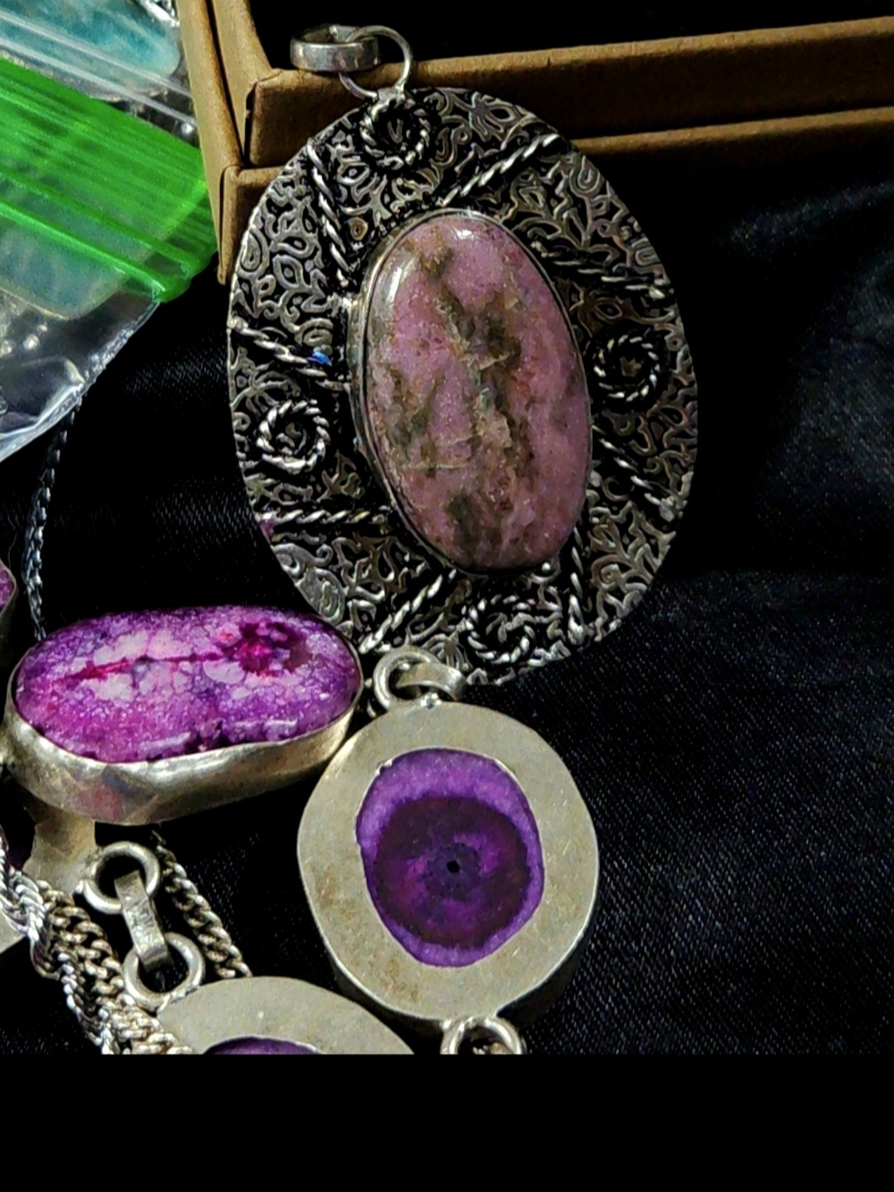 Source Unknown Large, Silver-Tone, Natural, Oval Rhodonite Pendant